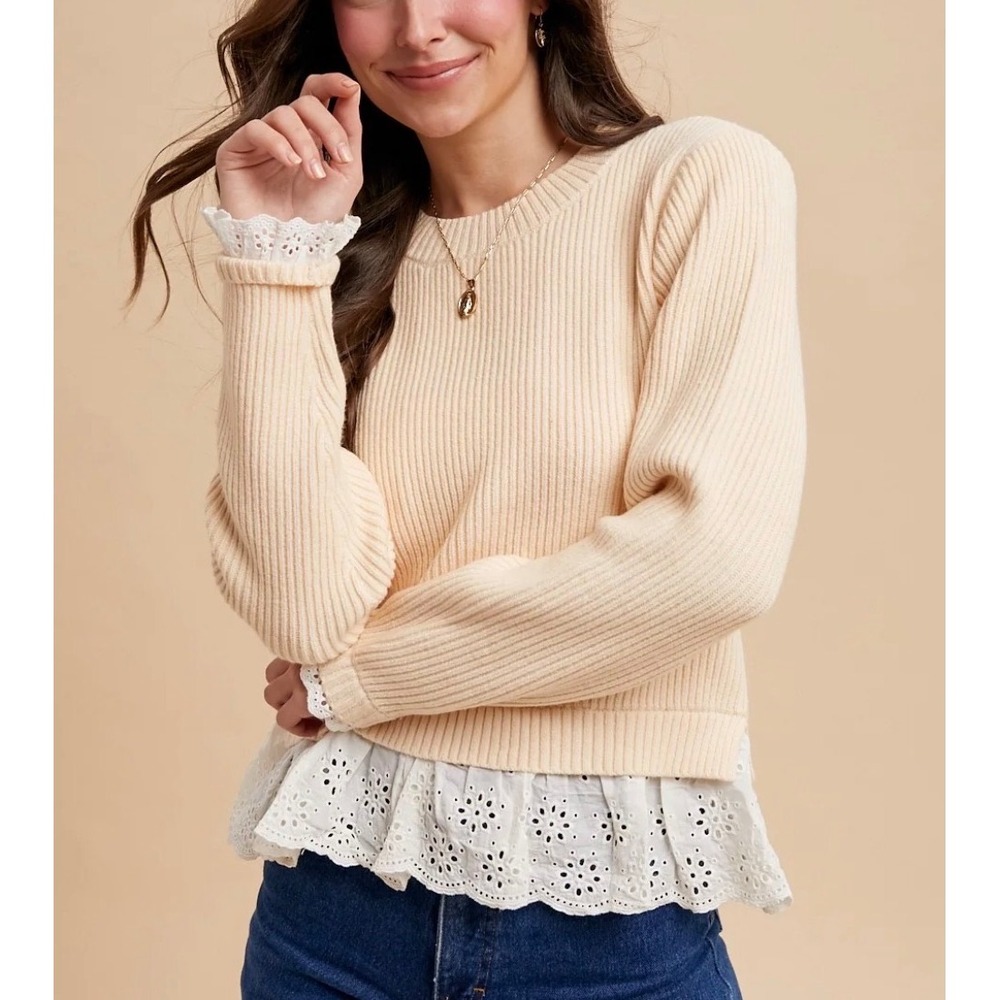 Anniewear Sz L Embroidered Eyelet Lace Ribbed Cozy Pullover Sweater Fall Layerin